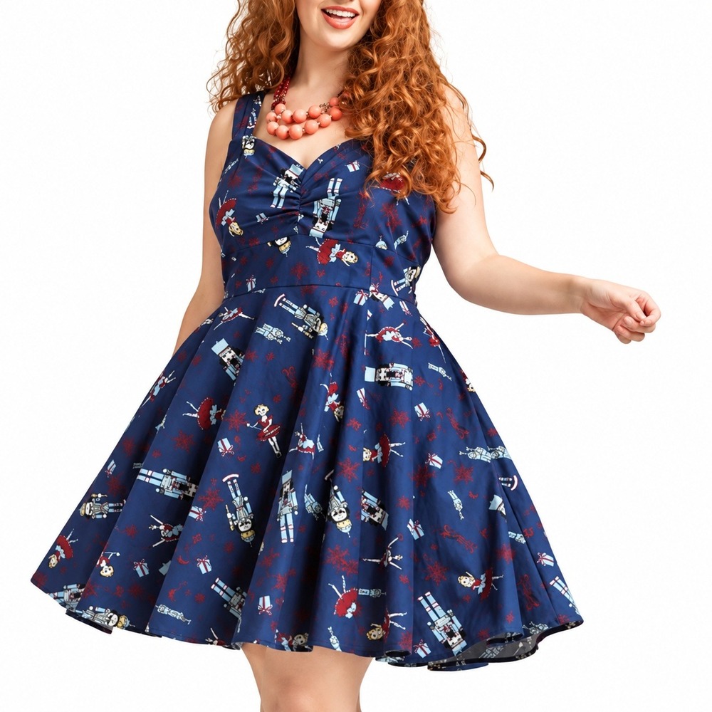 ModCloth Nutcracker Holiday Print Swing Dress Navy Blue Sweetheart Retro Large